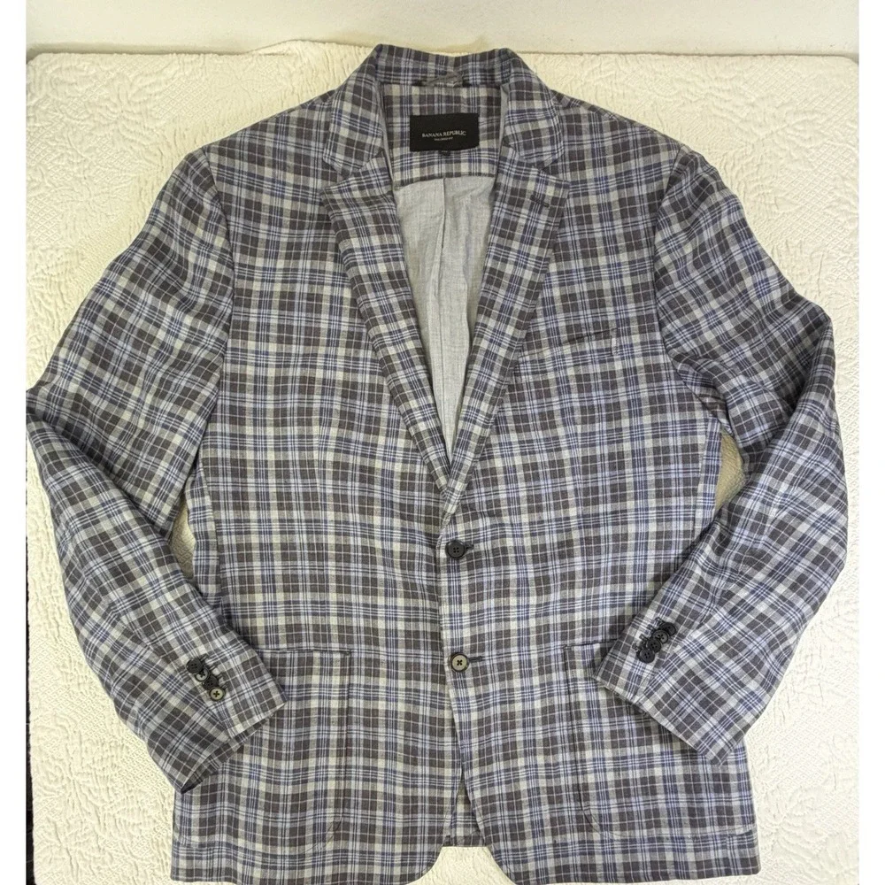 Banana Republic Linen Plaid Blazer Sport Coat Mens 44R Tailored Fit Lightweight‎